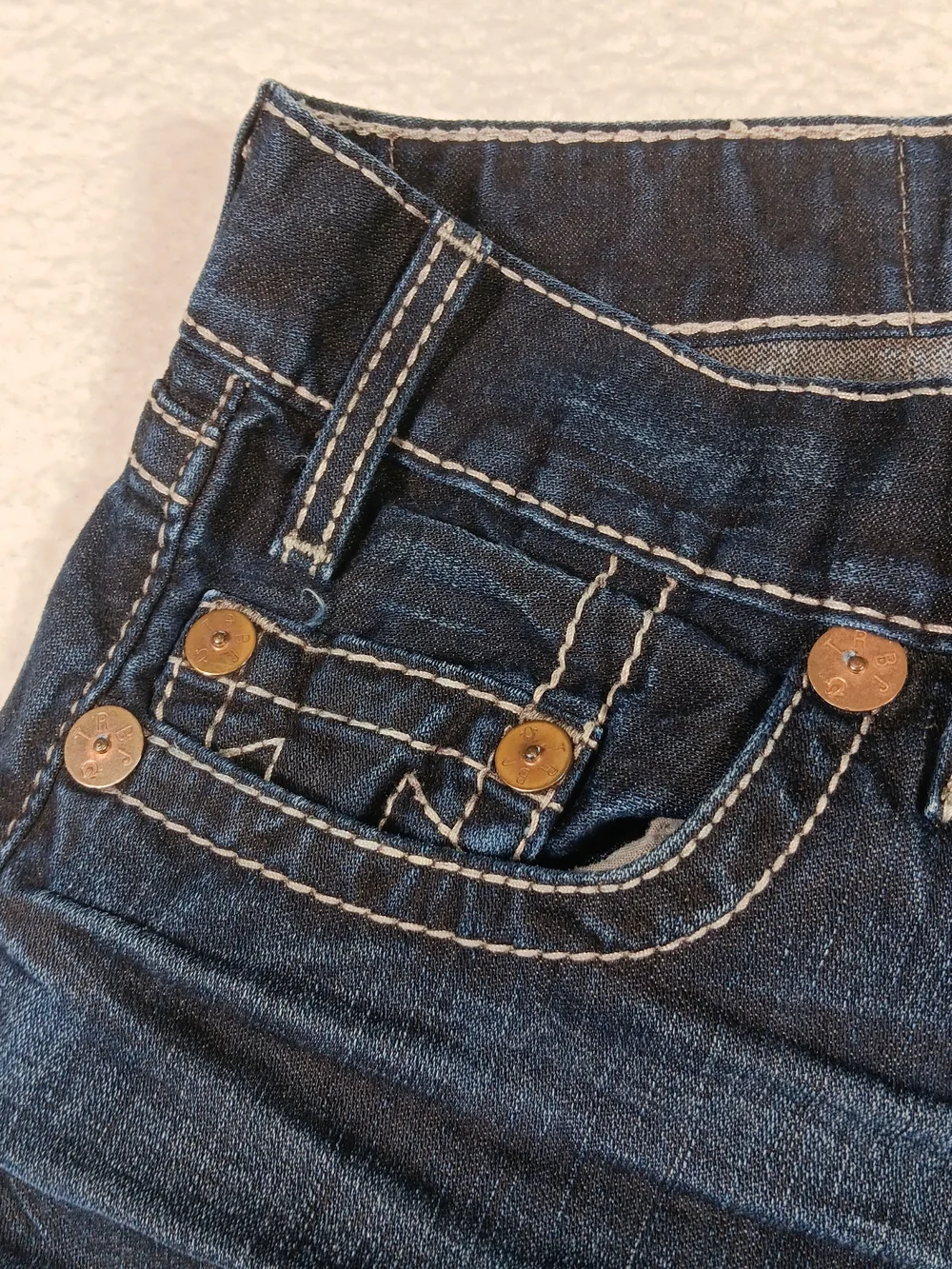 True Religion Jeans Mens 34x34 Blue Denim Logan Big T Straight Thick Stitch
